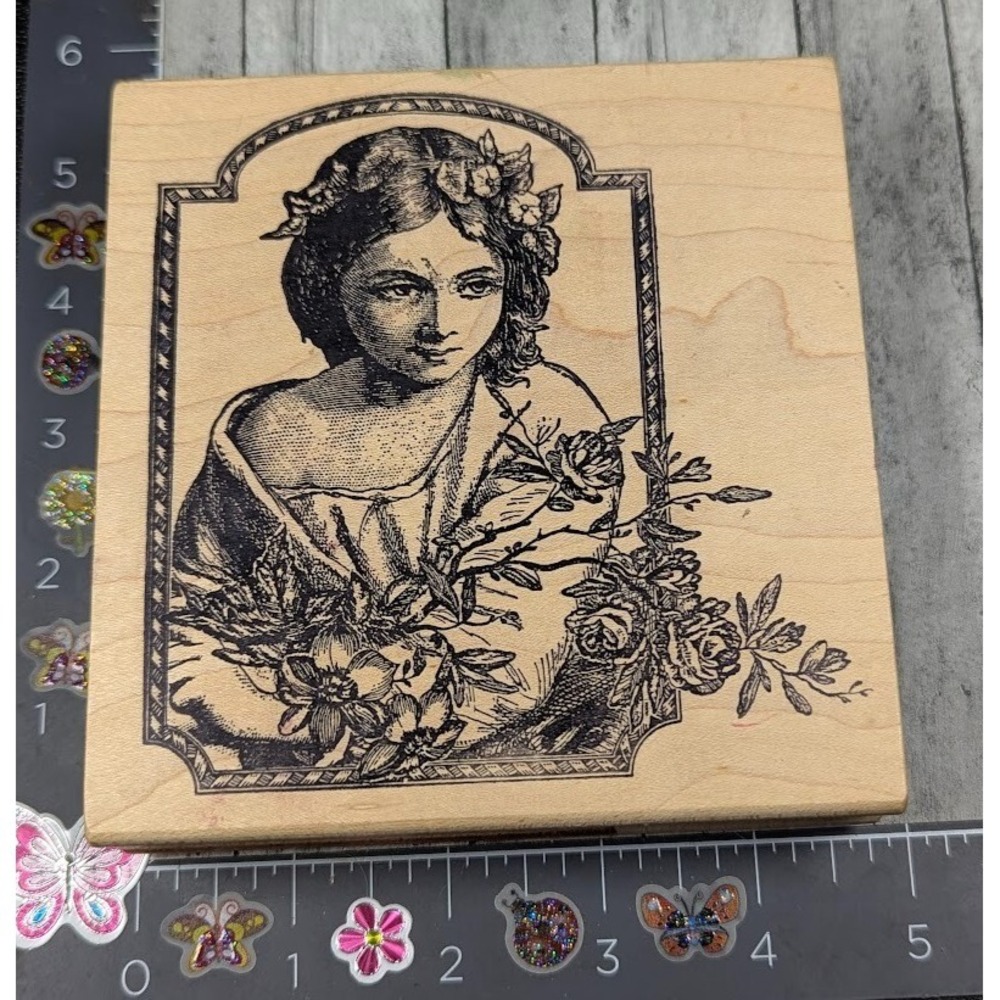 Magenta Lady Woman Flowers Ivy Leafy Headband Rubber Stamp Wood #F1